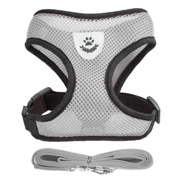 Adjustable Mesh Cat & Small Dog Harness Vest with 1.2m Leash S-XL Breathable Polyester Reflective Grey