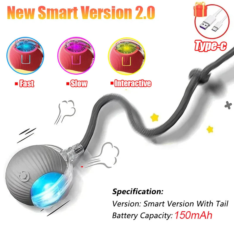 Interactive Automatic Rolling Ball Toy for Cats and Dogs, Rechargeable Smart Pet Toy with Faux Tail Version 2.0 Grey