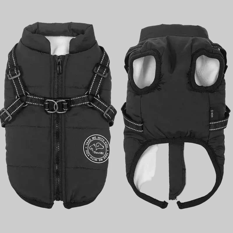 Waterproof Winter Dog Jacket Vest with Built-in Harness – Fleece Lined Black