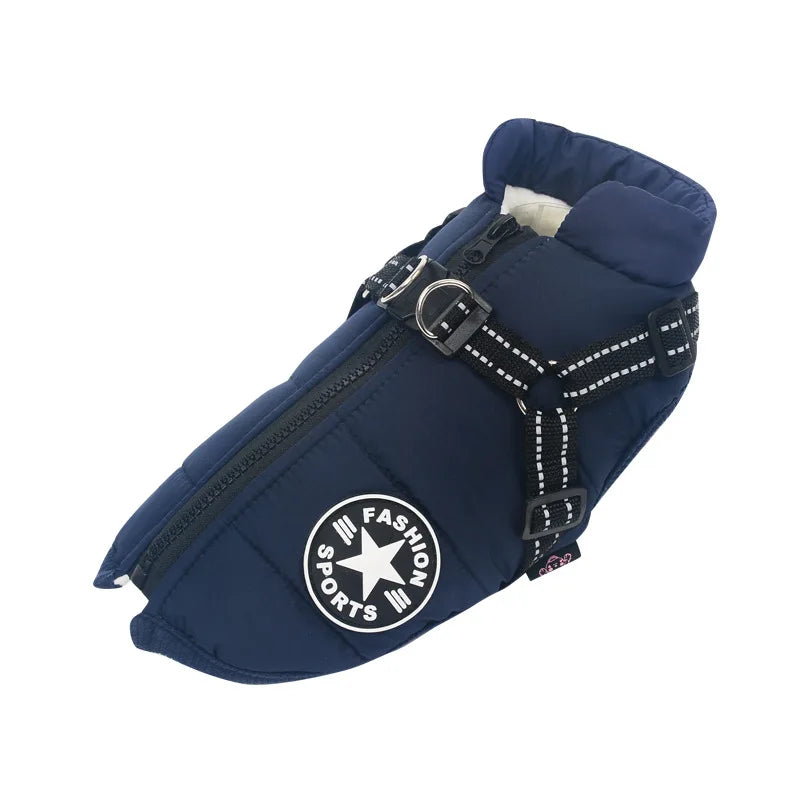 Waterproof Winter Dog Jacket with Built-In Harness, Fleece-Lined & Reflective – Warm Coat for Small to Large Breeds Navy Blue