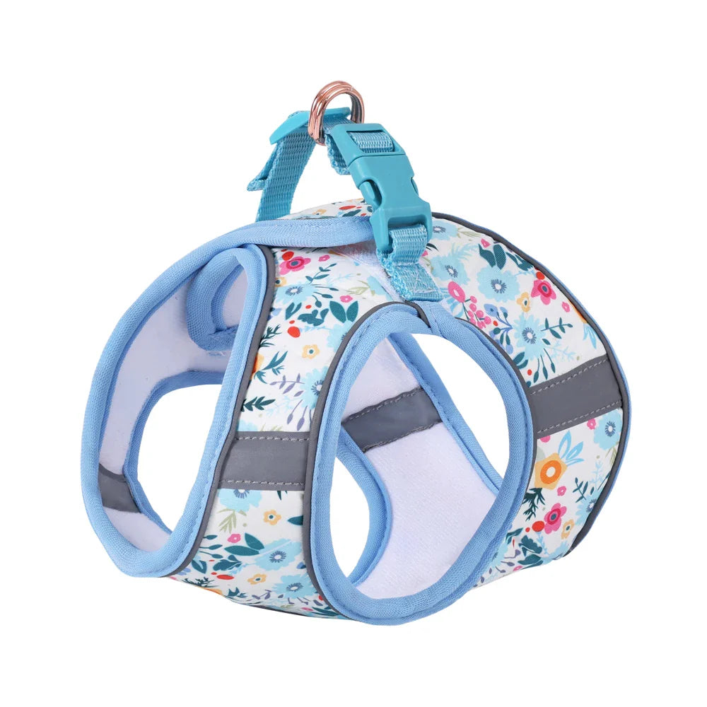 Adjustable Soft Vest Harness & Leash Set for Small & Medium Dogs & Cats – Reflective Printed Puppy Harness with Wrist Leash and Collar Blue harness