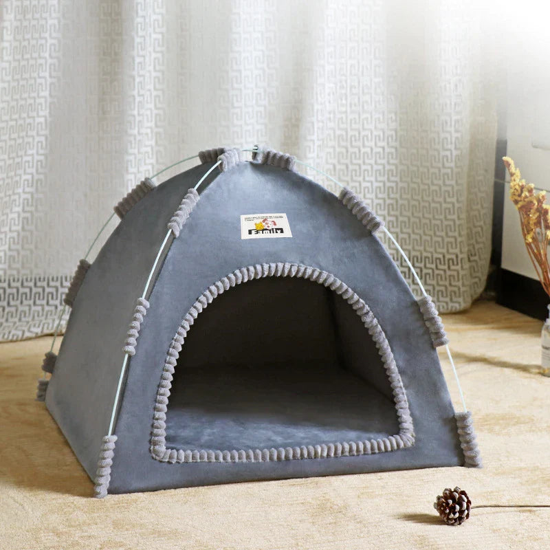Foldable Cat & Small Dog Tent Bed — Portable Breathable Plush Pet House with Summer Cooling Mat warm grey
