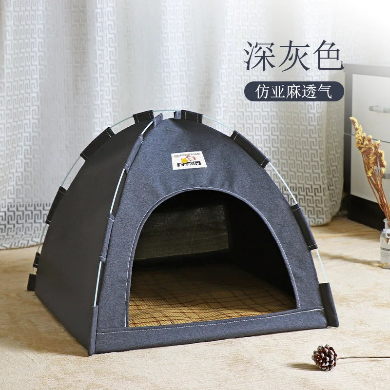 Removable Pet Tent Bed Semi-Enclosed Fleece Cat & Small Dog Sofa Basket Cozy Cave Sleeping Bed for Indoor Room Decor Grey