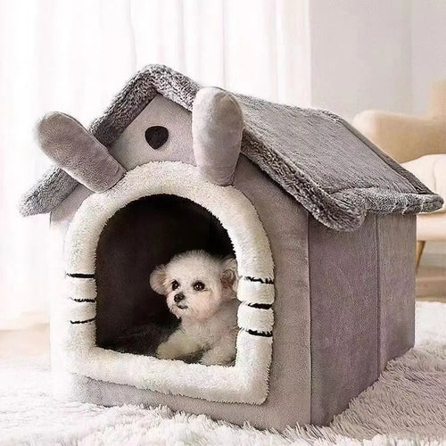 All-Season Pet House Bed Removable Washable Plush Cave for Small Dogs & Cats gray