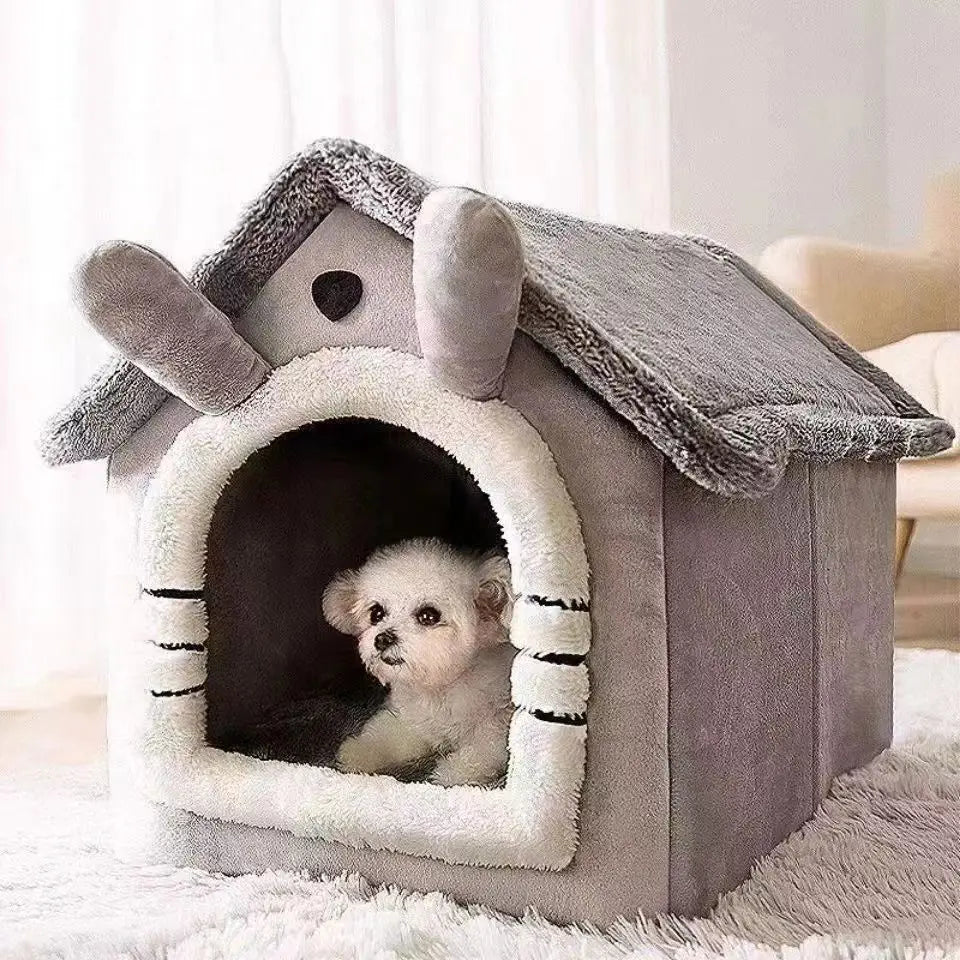House Style Pet Bed for Small Dogs & Cats - All Season Removable Washable Dog House Winter Warm Teddy Bed Pet Supplies gray