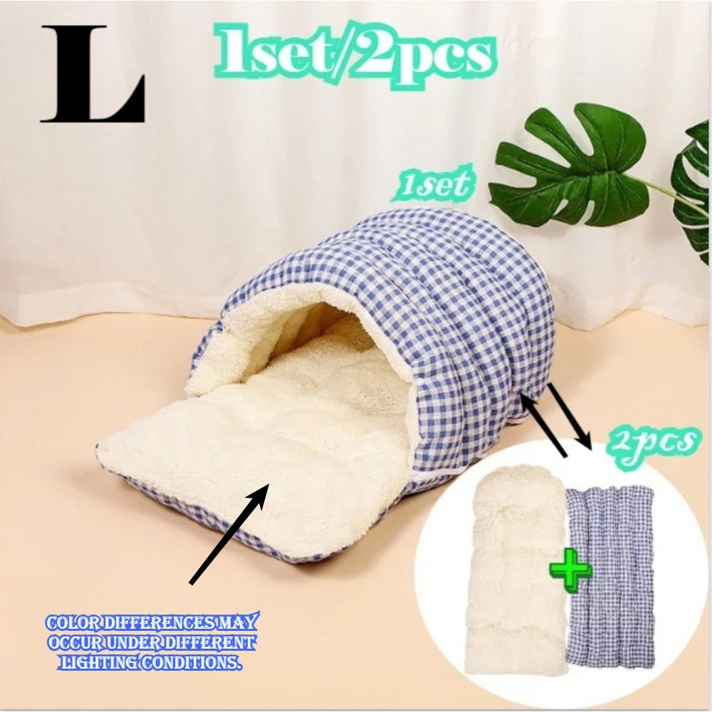 Large all-season cat house (including a warm winter bed) – with decorative panels and a fully enclosed comfortable sleeping bag. Blue Plaid-L