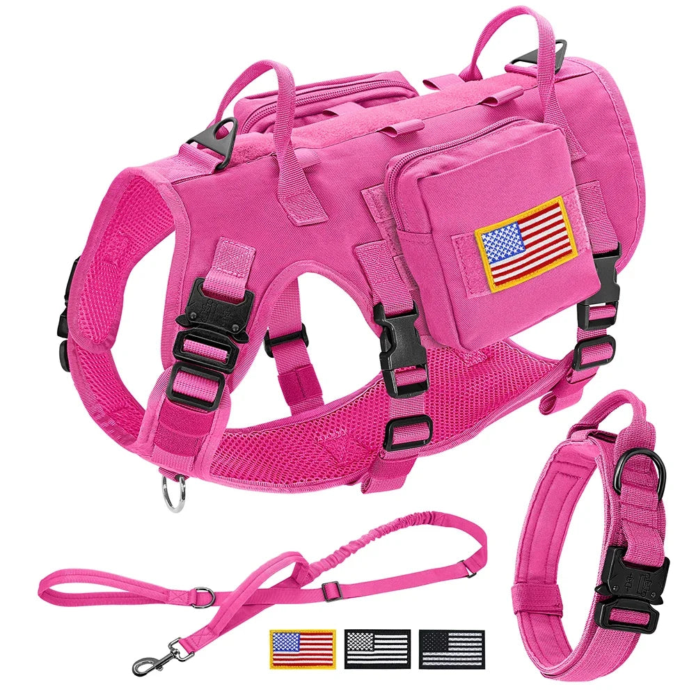 Tactical Dog Harness Collar Leash Set Military Training Pet Vest with Pouches Flags Durable Collars for Big Dogs German Shepherd Rose