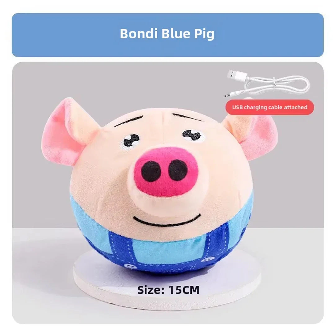 USB Rechargeable Interactive Plush Dog Toy - Electric Jumping Puzzle Ball with Music, Cartoon Clown Pig Bondi Blue Pig
