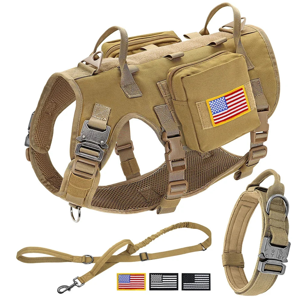 Tactical Dog Harness Collar Leash Set Military Training Pet Vest with Pouches Flags Durable Collars for Big Dogs German Shepherd KH