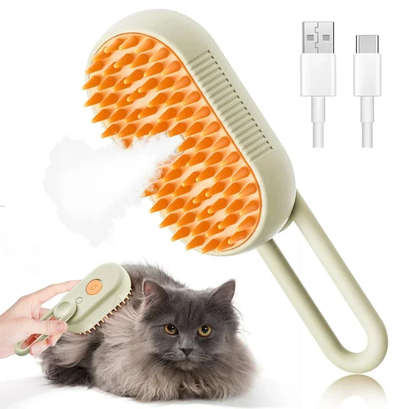 Steam Pet Grooming Brush 3-in-1 Spray Massage USB Rechargeable Hair Removal Comb for Cats & Dogs Coffee