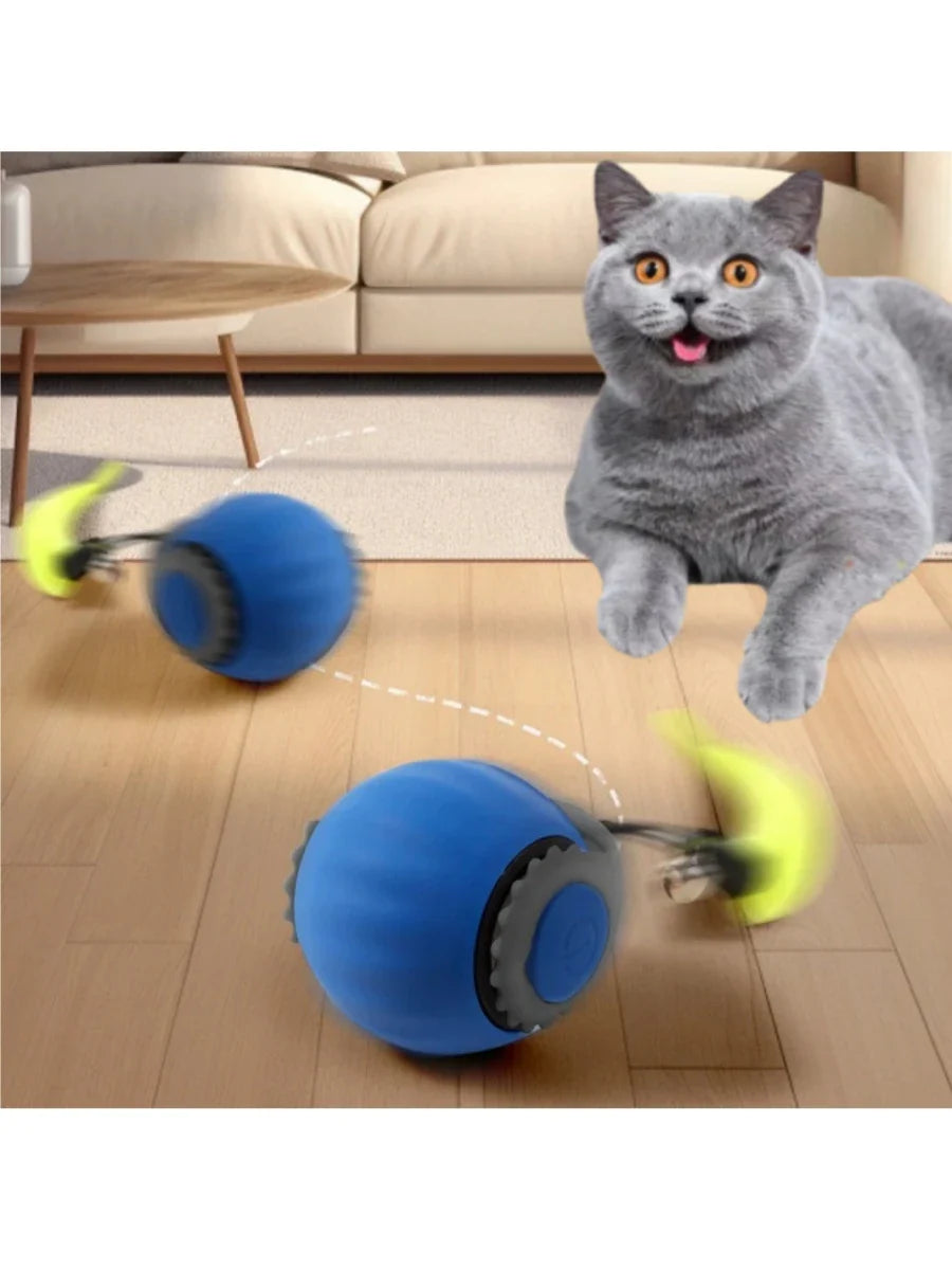 Rechargeable Interactive Rolling Cat Toy with Faux Tail - Motion-Activated Ball for Cats & Small Dogs 2PC Blue