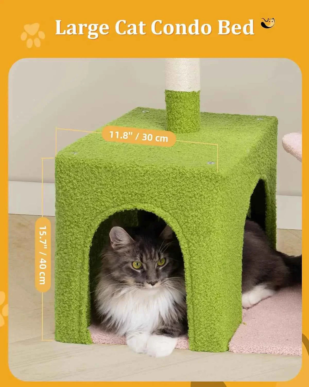 Large Cat Tree with 2-Door Condo – Scratching Posts, Floral Perch & Hammock for Adult Cats (Green/Pink)