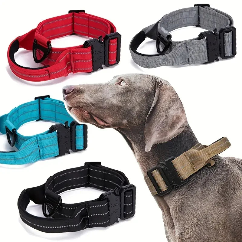 Medium Large Durable Tactical Collar] Durable Tactical Training Dog Collar - High-Strength Nylon, Reflective, With Handle - Perf Dark Khaki M
