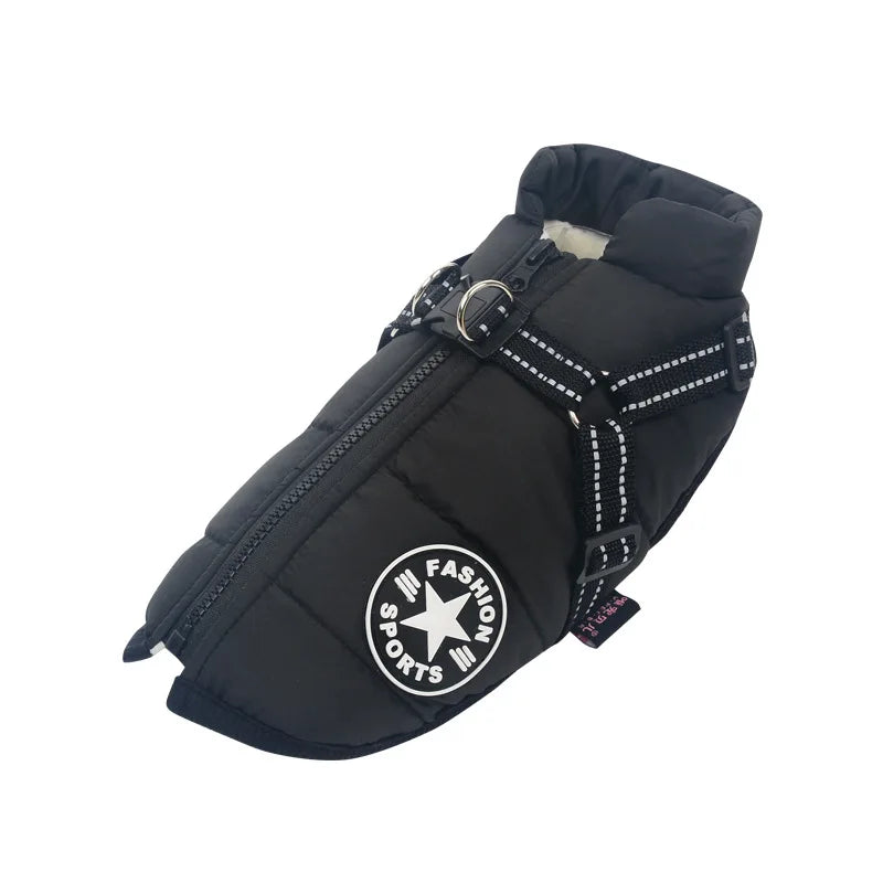 Waterproof Winter Dog Jacket with Built-In Harness, Fleece-Lined & Reflective – Warm Coat for Small to Large Breeds Black