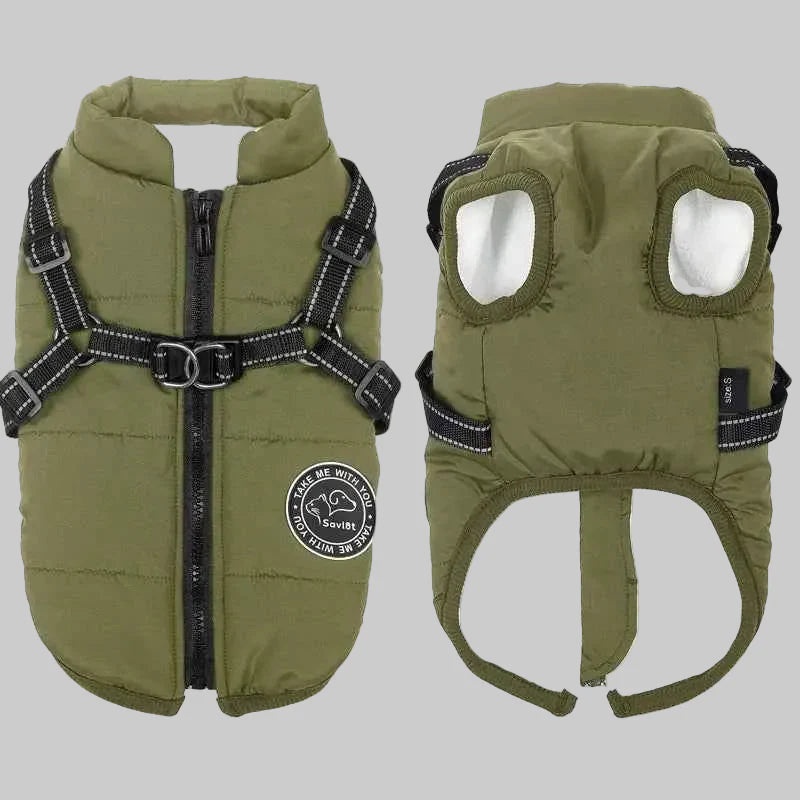 Waterproof Winter Dog Jacket Vest with Built-in Harness – Fleece Lined Green