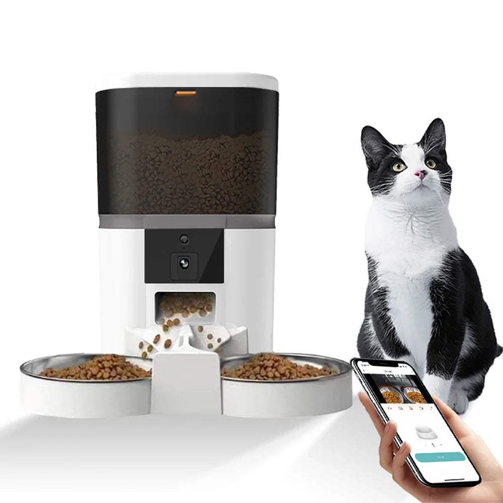 4L With HD Camera Automatic Pet Feeder Cat And Dog Food Automatic Dispenser Suitable For Two Pet Cat And Dog Feeding Remote Feed Double Meal White 4L
