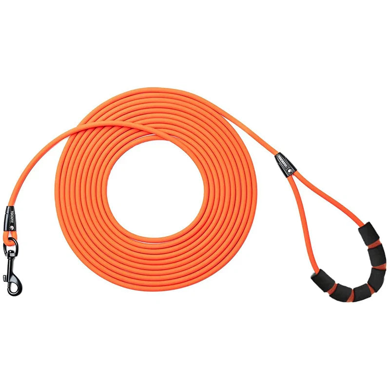 Waterproof PVC Dog Leash — Long Training Recall Lead 5ft/1.5m, 10ft/3m, 20ft/6m, 30ft/9m — Durable Tangle-Free Leash for Beach, Yard & Camping Orange