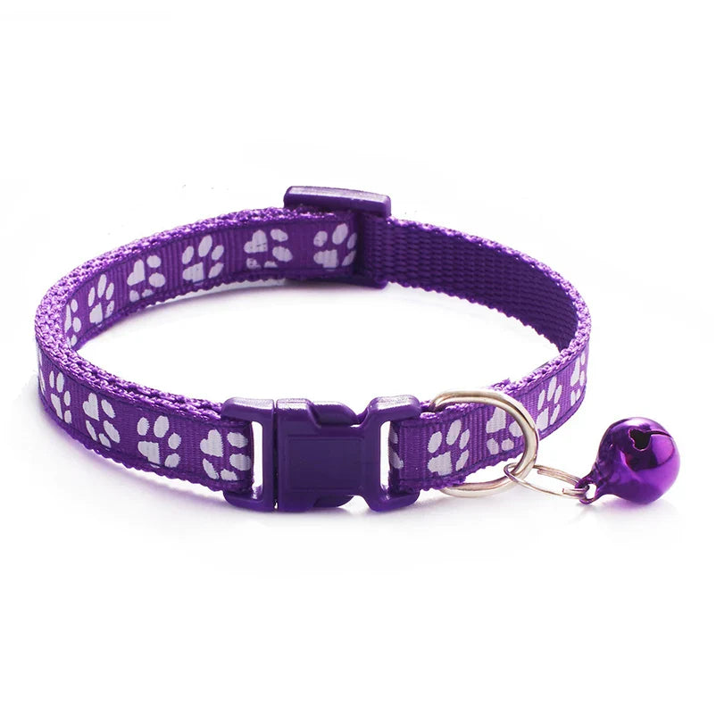 Adjustable Cat Collar with Bell and D-Ring, Dog-Print Rope Necklace, Multiple Colors S purple