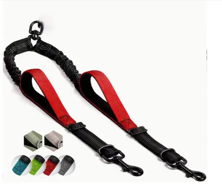 Dual Dog Leash Coupler – Padded No-Tangle Bungee Leash with 360° Swivel, Reflective & Shock-Absorbing Red