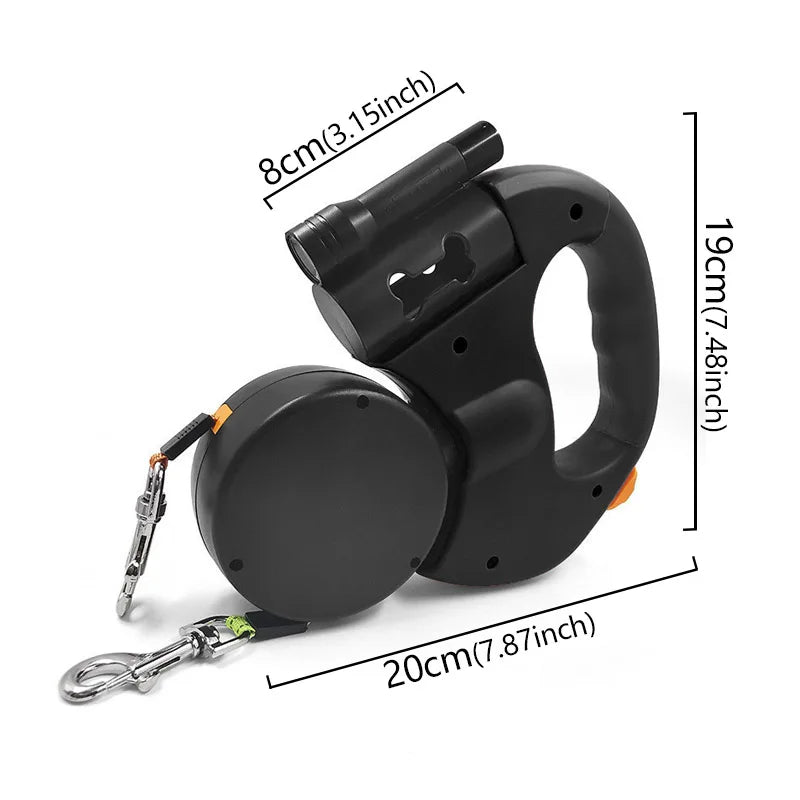 3in1 Double Head Automatic retractable Dog leash Flashlight Poop Bag Dispenser Reflective Pet Cat Extendable Puppy Traction Rope black