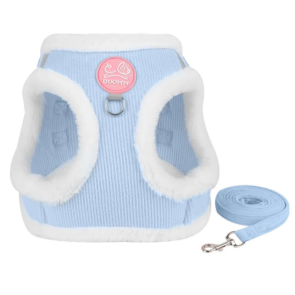 Fur-Lined Winter Dog Harness & Leash Set — Warm Plush Pet Harness for Chihuahua, Yorkie & Small Puppies Blue