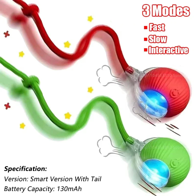 Interactive Rechargeable Cat Ball Toy with Faux Fur Tail — Automatic Rolling Smart Pet Ball (USB-C) for Cats & Small Dogs Red and Green-Rope