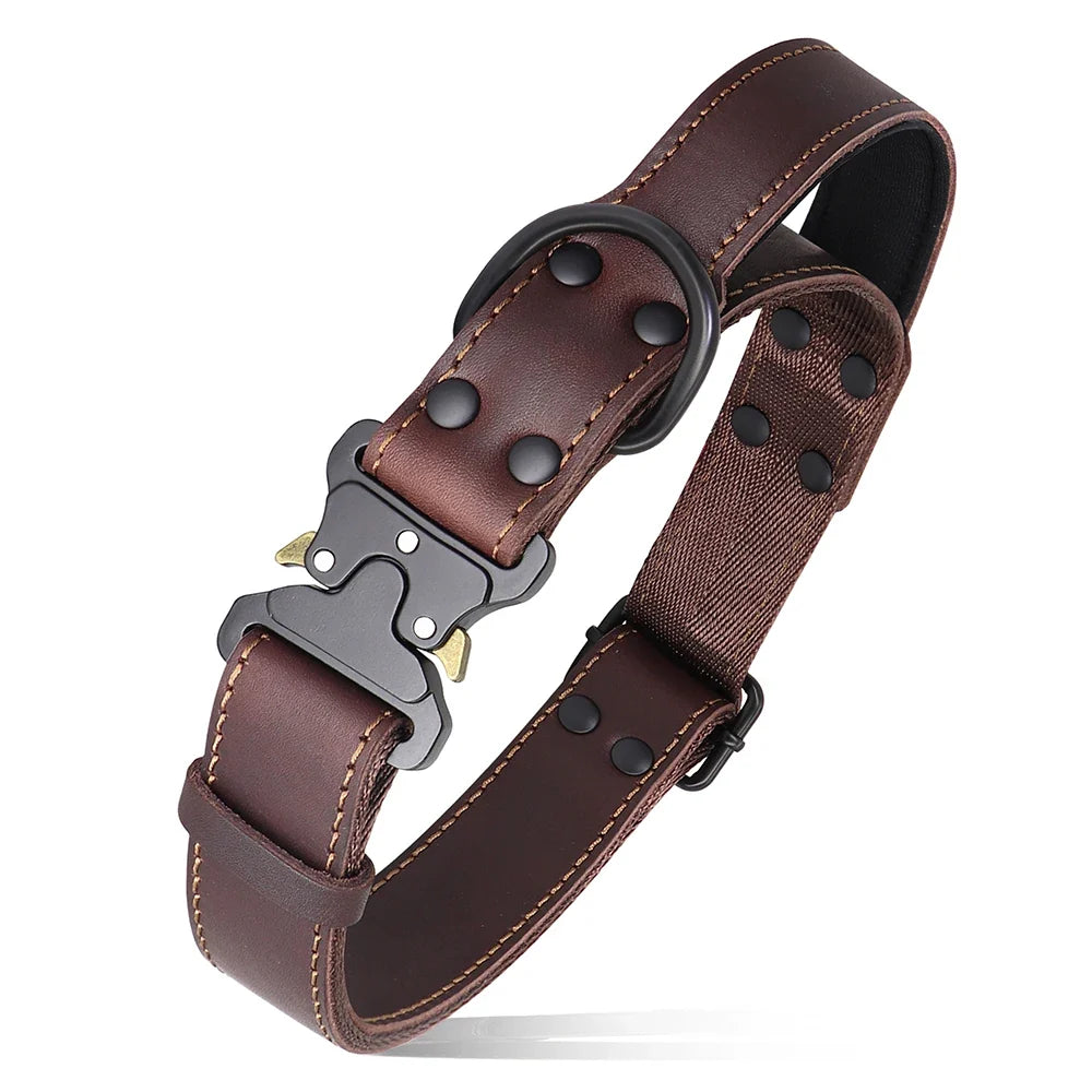 Real Leather Dog Collar With Handle Tactical Military Dog Leather Collar For Medium Large Dogs German Shepherd Training Hunting Brown