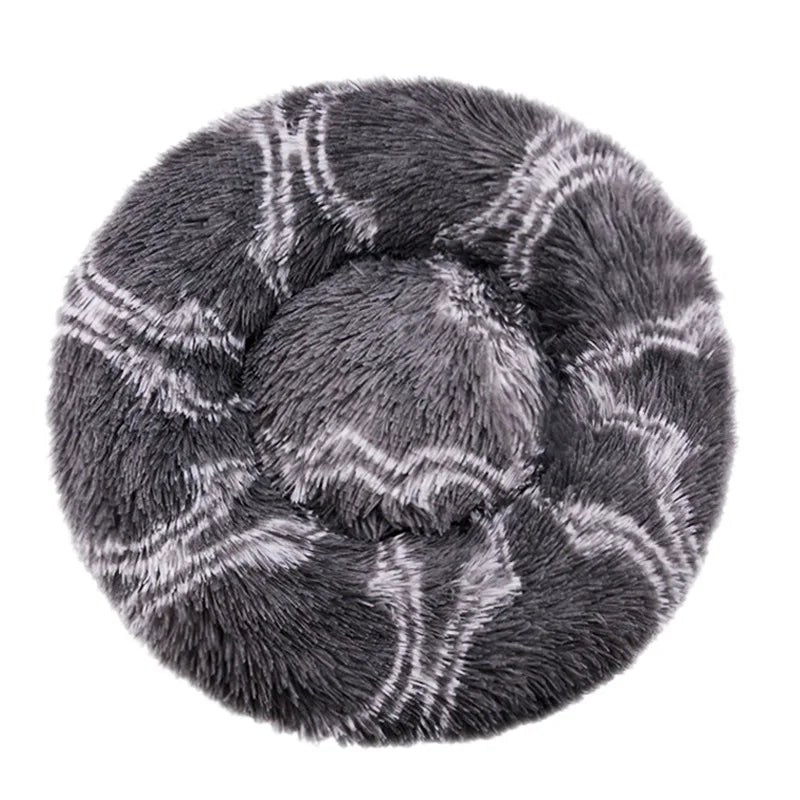 Round Plush Pet Bed, Washable Cozy Dog & Cat Sofa, Winter Warm, Multiple Sizes 16–35 in (40–90 cm) Grey grid