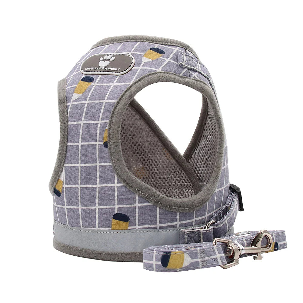Adjustable Breathable Pet Harness with Reflective Leash for Puppies, Small Dogs & Cats Grey