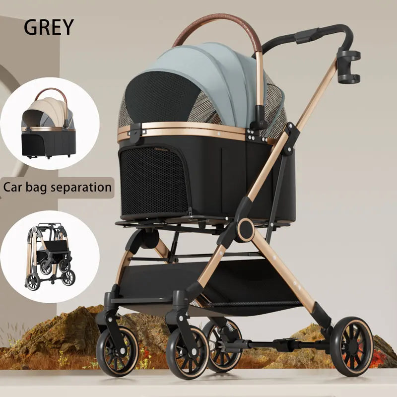 2-in-1 Foldable Pet Stroller with Detachable Carrier Bag – Portable Dog & Cat Cart for Small Pets GRAY China Mainland