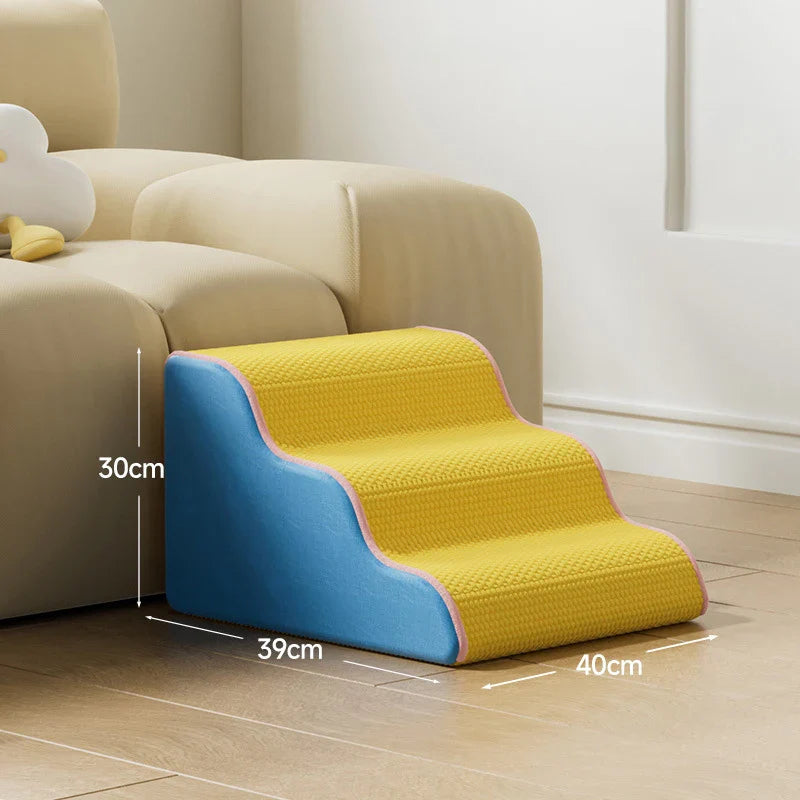 3/4-Step Pet Stairs Memory Foam Ramp for Small Dogs & Cats - Removable Washable Cover, Non-Slip Sofa Ramp Yellow Blue 3 Floors