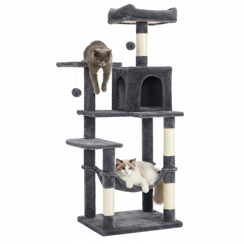 56.3" Multi-Cat Tree Tower Hammock, Condo & Scratching Posts for Indoor Cats Smoky Gray