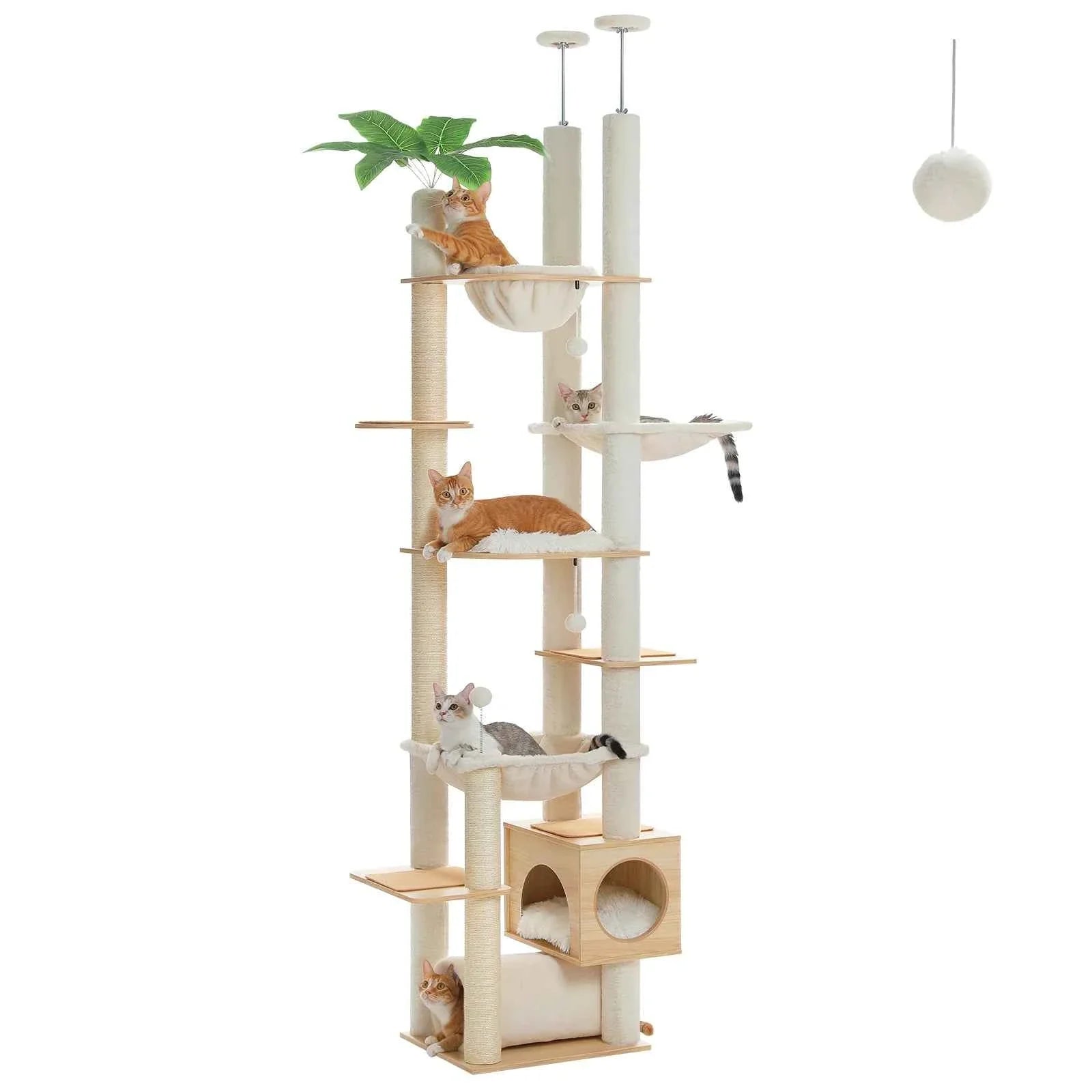 Floor to Ceiling Cat Tree – Adjustable Wooden Tower with Hammock & Sisal Scratching Posts C XL