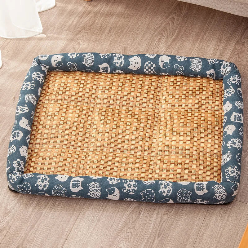 Pet Summer Mat Cute Dog Cooling Sofa Breathable Small Dog Bed Cushion Moistureproof Rattan Wear Cat Mat Accessories Blue cat