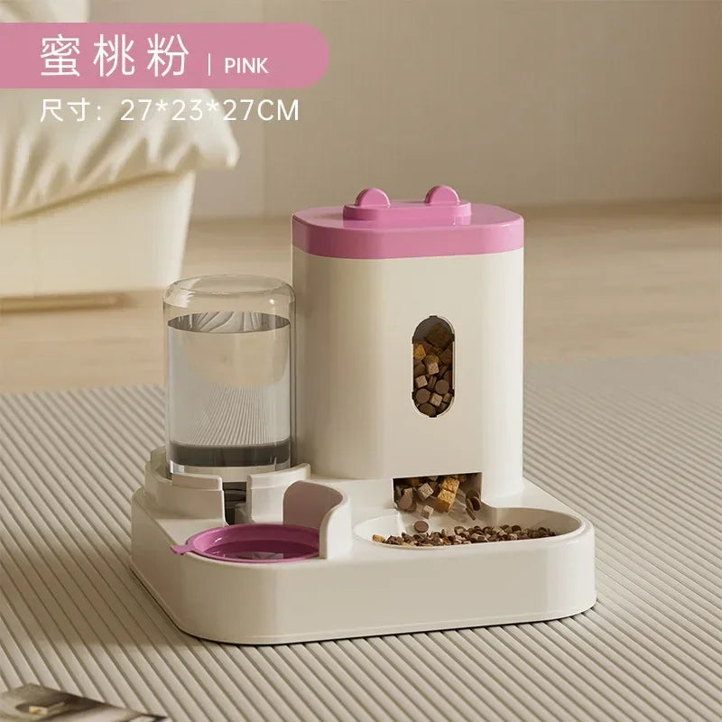 Automatic Non-Electric Pet Feeder with Water Fountain, Gravity-Fed Large-Capacity Dog & Cat Food Dispenser Pink L 2L
