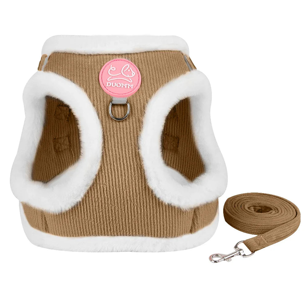 Fur-Lined Winter Dog Harness & Leash Set — Warm Plush Pet Harness for Chihuahua, Yorkie & Small Puppies Coffee