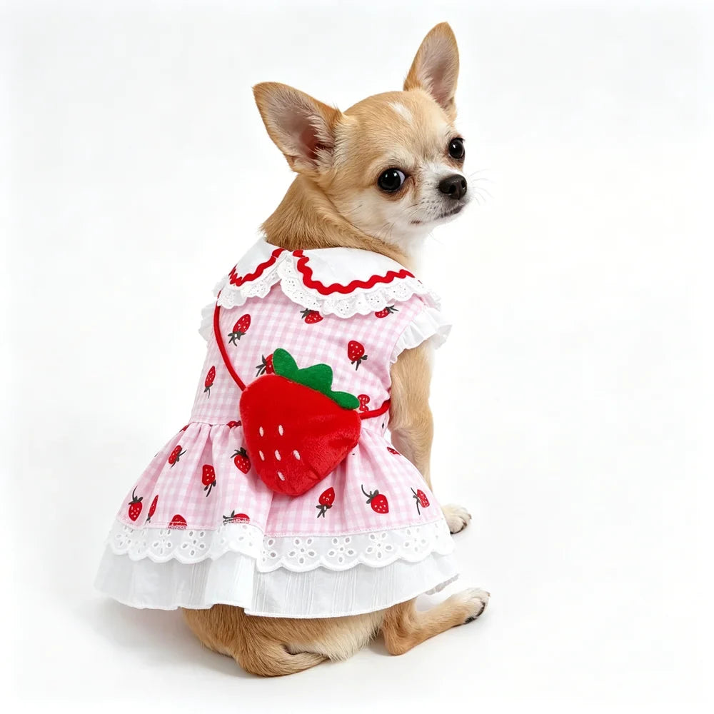 Strawberry Dress For Dogs Summer Spring Cute Plaid Female Girl Puppy Pet Cat Apparel Clothes Yorkie Chihuahua Small Medium Pugs