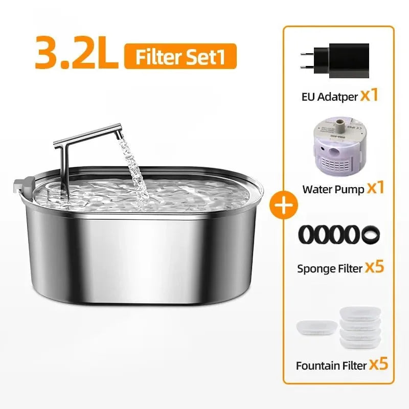 ROJECO Stainless Steel Cat Water Fountain Automatic Cat Drinker Drinking Fountain For Cats Dogs Pet Water Dispenser Accessories Filter Set1