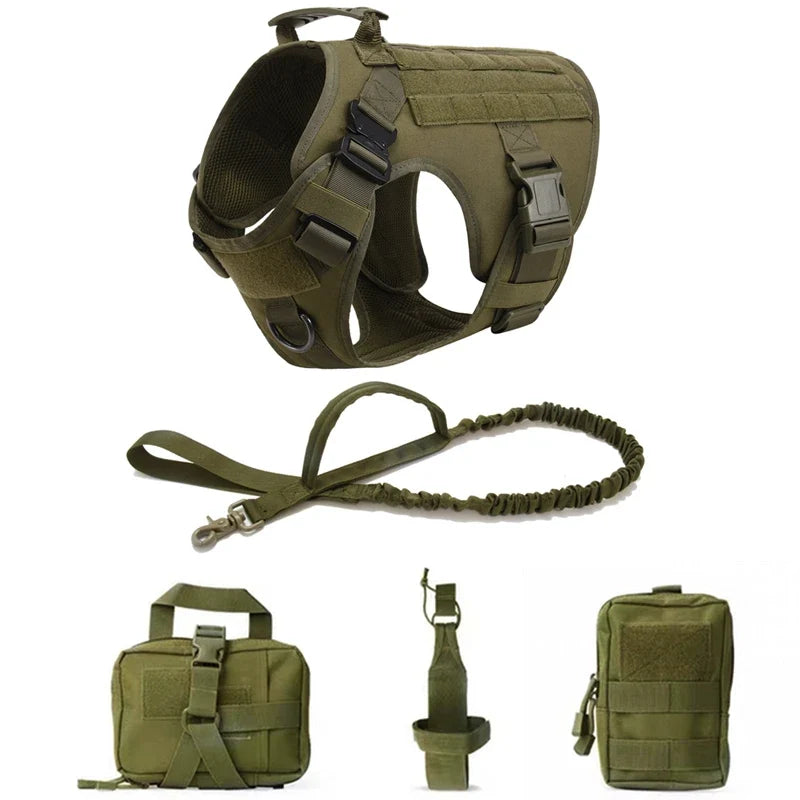 Tactical Military Vest Pet German Shepherd Golden Retriever Tactical Training Dog Harness and Leash Set For All Breeds Dogs Green 5 piece set