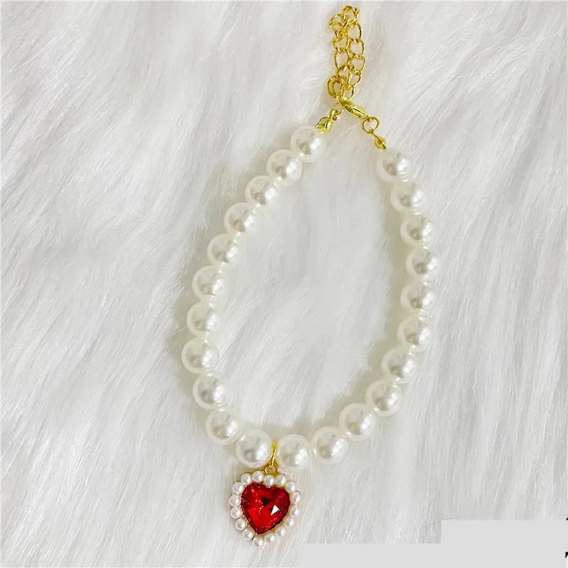 New Pet Collar Pearl Love Necklace Cat Jewelry Cute Collar Puppy Accessories Dog Chain Chihuahua Wedding Jewelry Stuff red