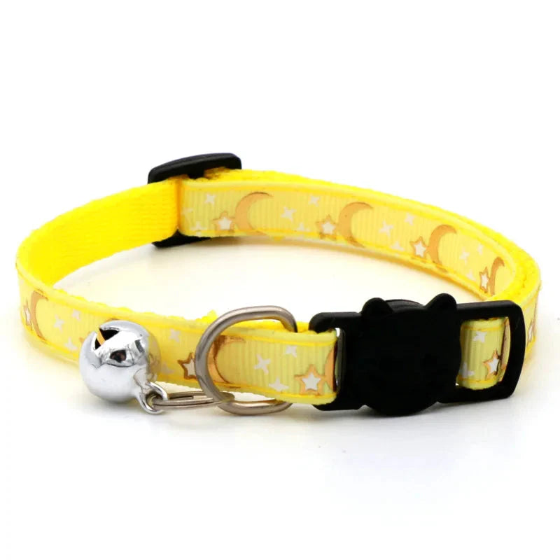 Cat Collar with Bell – Adjustable Star & Moon Pet Necklace Yellow Adjust 19-32cm