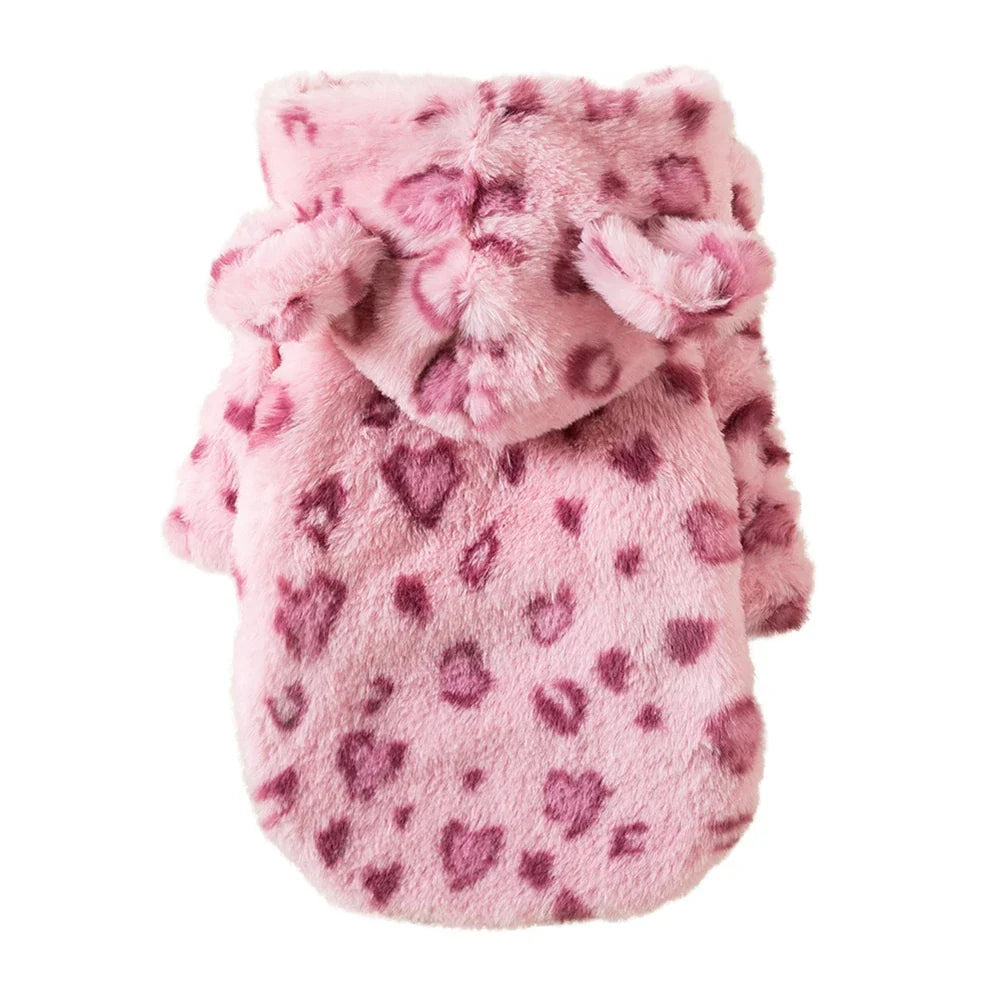 Leopard Fleece Dog Hoodie Coat Jacket Warm Winter Clothes for Small Dogs French Bulldog Chihuahua Pink