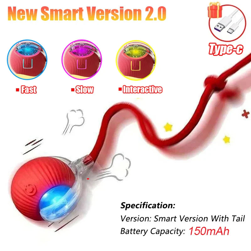 Interactive Automatic Rolling Ball Toy for Cats and Dogs, Rechargeable Smart Pet Toy with Faux Tail New Version 2.0 Red