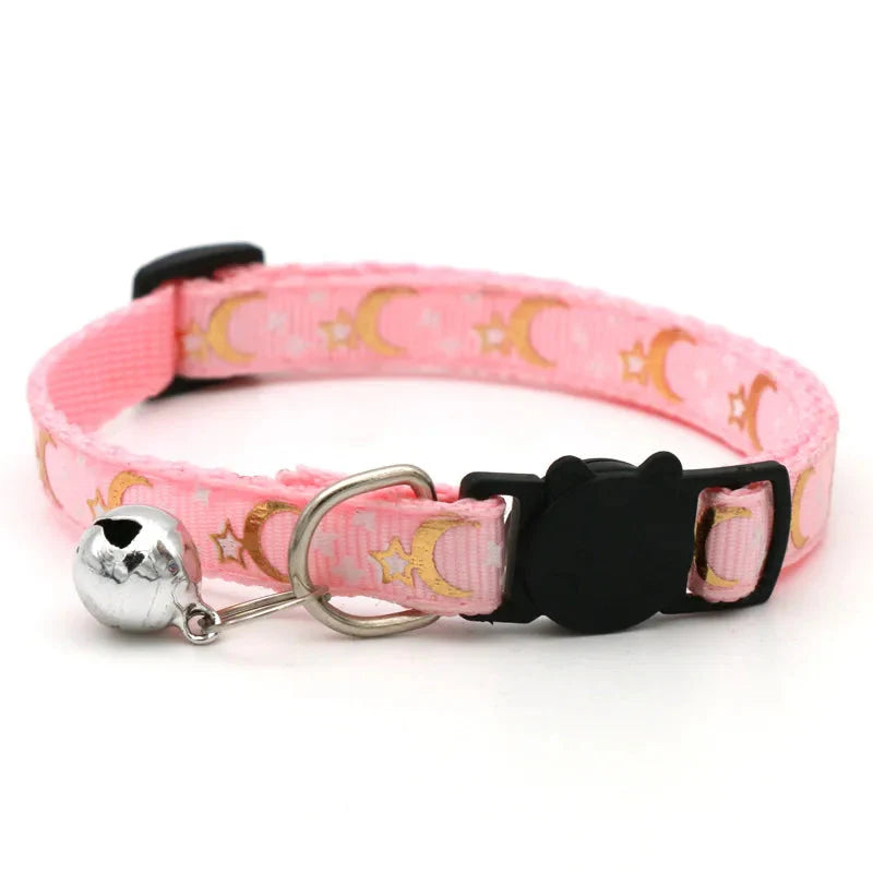 Cat Collar with Bell – Adjustable Star & Moon Pet Necklace Pink Adjust 19-32cm