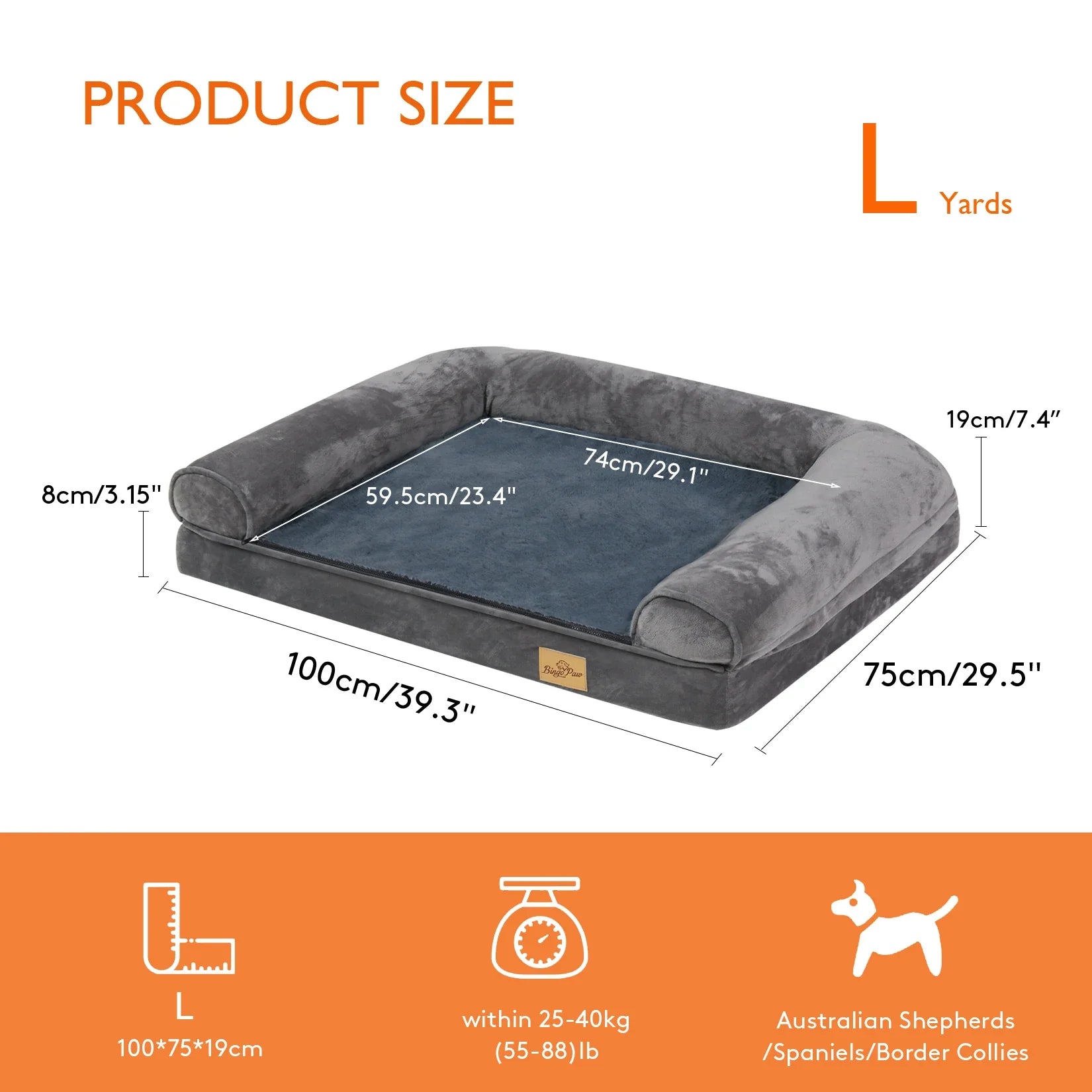 Orthopedic Dog Bed – Foam Pet Mattress Sofa with Bolster, Removable Washable Cover, Waterproof Liner (Sizes M-L-XL-2XL) Gray Large
