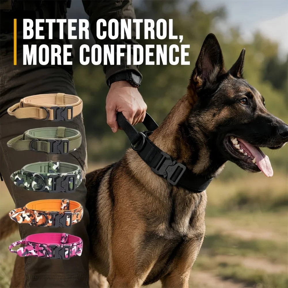 Tactical Dog Collar with Handle Heavy Duty Nylon Collar for Medium Large Dogs Adjustable Camo Pet Collar with Metal Buckle