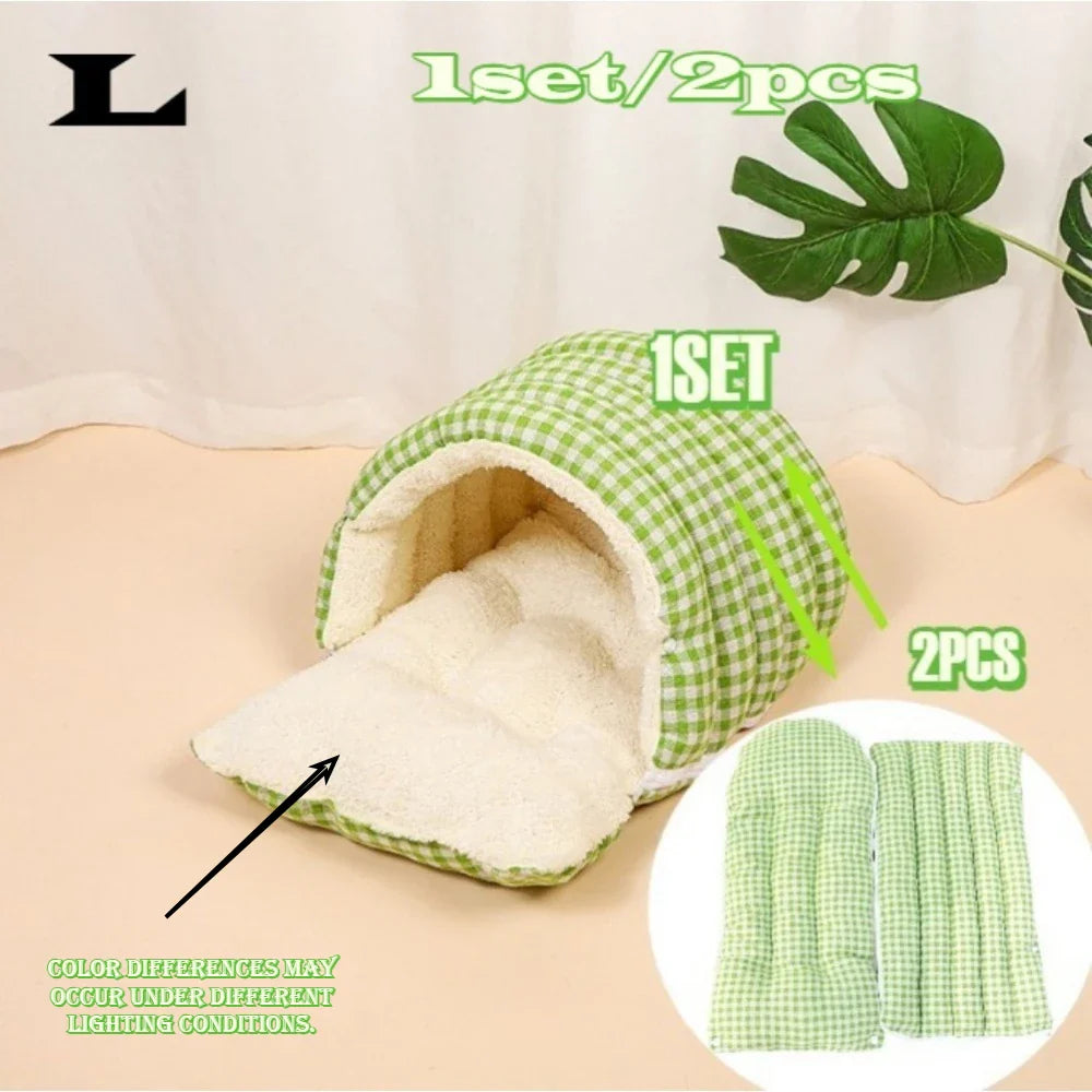 Large all-season cat house (including a warm winter bed) – with decorative panels and a fully enclosed comfortable sleeping bag. Green Plaid-L