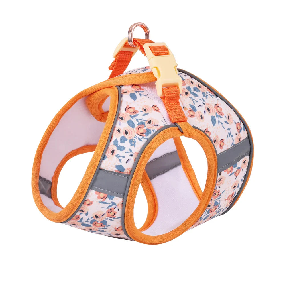 Adjustable Soft Vest Harness & Leash Set for Small & Medium Dogs & Cats – Reflective Printed Puppy Harness with Wrist Leash and Collar Orange harness