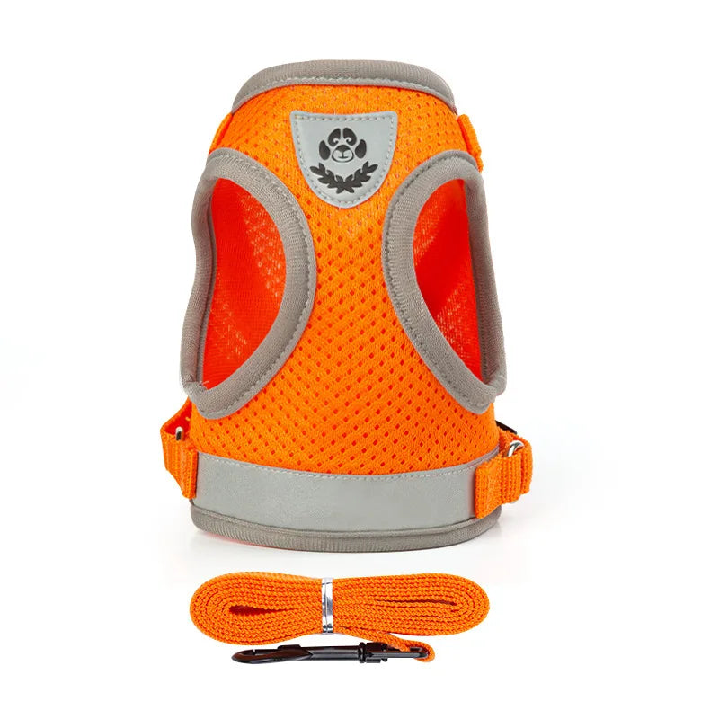 Reflective Adjustable Dog & Cat Harness Vest Set with 1.5m Leash – Breathable Mesh Puppy Kitten Harness (XS-L) Orange Gray
