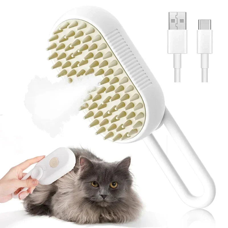 Steam Pet Grooming Brush 3-in-1 Spray Massage USB Rechargeable Hair Removal Comb for Cats & Dogs White